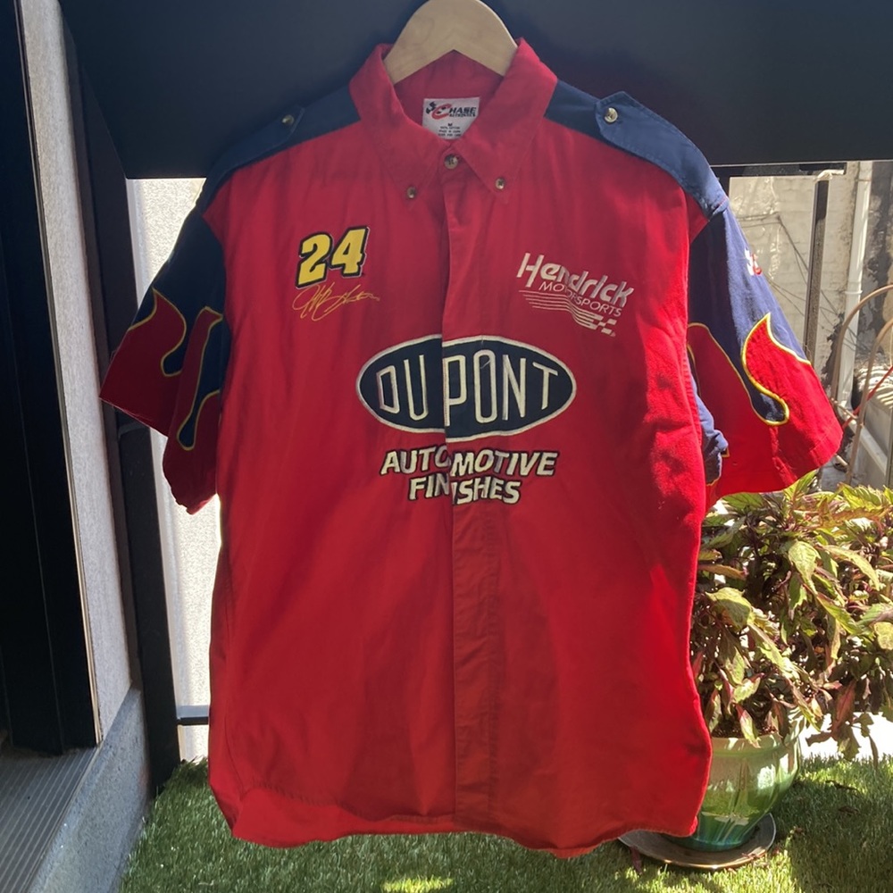 Vintage Nascar 24 Jeff Gordon Button Up Shirt Chase Authentic DuPont Flame Sleev